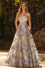 Strapless Corset A Line Dusty Blue Floral Prom Dress