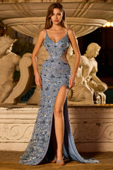 Mermaid Sequin Dusty Blue Cut Out Prom Dress With Slit