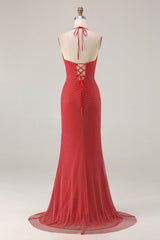 Red Beaded Halter Mermaid Prom Dress With Slit