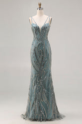 Sparkly Grey Green Beaded Spaghetti Straps Mermaid Prom Dress