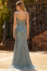 Sparkly Grey Green Beaded Spaghetti Straps Mermaid Prom Dress
