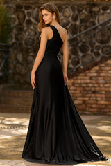 One Shoulder Cut Out Mermaid Black Tie Dress With Slit