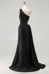 One Shoulder Cut Out Satin Black Tie Dress With Slit