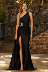 One Shoulder Cut Out Satin Black Tie Dress With Slit