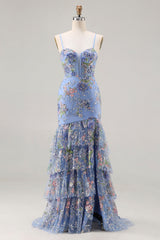 Blue Mermaid Floral Ruffled Sequin Prom Dress With Slit