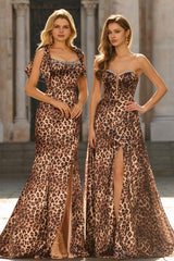 Brown Leopard Mermaid Square Neck Prom Dress with Bow