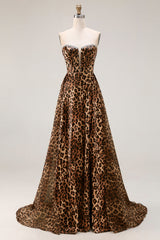 Strapless Brown Leopard A-Line Corset Prom Dress With Slit