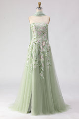 Strapless A-Line Dusty Sage Embroidered Prom Dress With Streamer