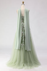 Strapless A-Line Dusty Sage Embroidered Prom Dress With Streamer
