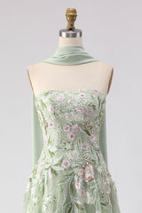Strapless A-Line Dusty Sage Embroidered Prom Dress With Streamer