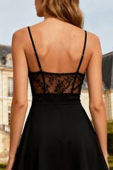 Black A-Line Spaghetti Straps Cocktail Dress With Lace