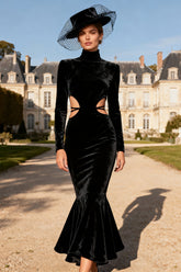 Mermaid Velvet High Neck Cut Out Black Tie Dress