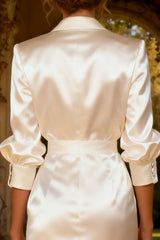 Satin White Bodycon Peak Lapel Work Dress With 3/4 Sleeves