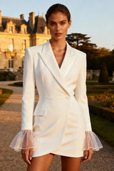 White Peak Lapel Work Dress with Long Sleeves