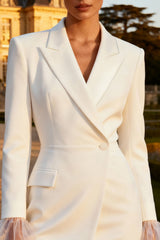 White Peak Lapel Work Dress with Long Sleeves