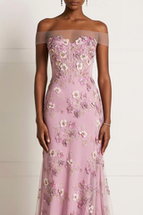 Off The Shoulder Pink Flower Appliqued Mermaid Prom Dress