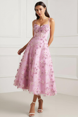 Pink Floral A-Line Appliqued Spaghetti Straps Midi Prom Dress