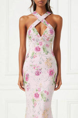Floral Pink Halter Sequin Mermaid Prom Dress