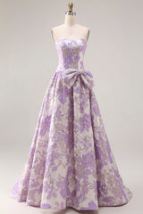 Lilac A Line Floral Strapless Bowed Prom Dress
