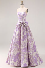 Lilac A Line Floral Strapless Bowed Prom Dress