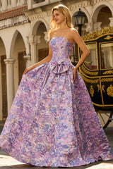 Lilac A Line Floral Strapless Prom Dress with Bow