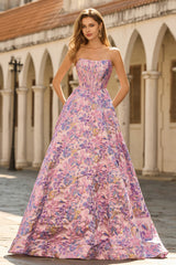 Strapless Lilac Corset A Line Brocade Prom Dress