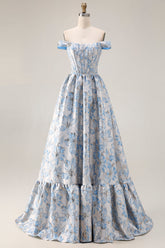 Off The Shoulder Light Blue Jacquard A-Line Corset Prom Dress