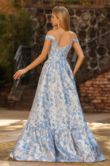 Light Blue Floral Off The Shoulder A-Line Corset Prom Dress