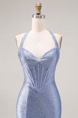 Halter Mermaid Light Blue Corset Beaded Prom Dress