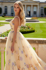 Yellow Flower Print A-Line Prom Dress With Ruffles