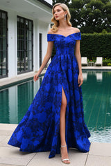 Royal Blue Floral Jacquard Off The Shoulder Prom Dress With Slit