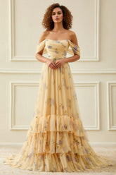 Yellow Flower A-Line Off The Shoulder Ruffled Prom Dress