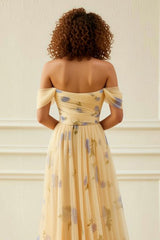 Yellow Flower A-Line Off The Shoulder Ruffled Prom Dress