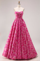 Fuchsia Floral Strapless A Line Corset Prom Dress With Pockets