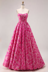 Fuchsia Floral Strapless A Line Corset Prom Dress With Pockets