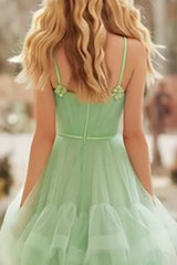 Light Green A-Line Pleated Maxi Prom Dress With Ruffles