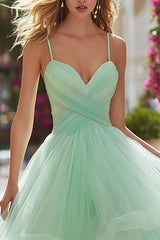 Princess Light Green Spaghetti Straps Maxi Prom Dress With Ruffles
