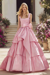 Tiered A-Line Pink Rucehd Prom Dress With Bow