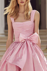 Tiered A-Line Pink Rucehd Prom Dress With Bow