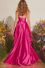 Fuchsia Satin A-Line Spaghetti Straps Ruffle Prom Dress With Slit