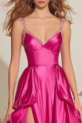 Fuchsia Satin A-Line Spaghetti Straps Ruffle Prom Dress With Slit
