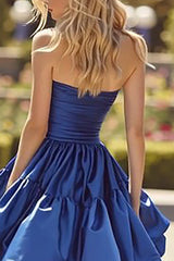 Dark Blue Strapless Ruffled A-Line Maxi Prom Dress