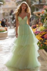 Light Green A-Line Corset Spaghetti Straps Tiered Prom Dress