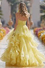 Light Yellow Halter A-Line Ruffle Maxi Prom Dress