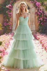 Mint Green A-Line Tiered Maxi Prom Dress With Ruffles