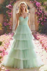 Mint Green A-Line Tiered Maxi Prom Dress With Ruffles
