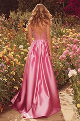 Pink A-Line Spaghetti Straps Beaded Prom Dress With Slit