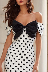 Off The Shoulder White Black Dot Mermaid Prom Dress With Bow