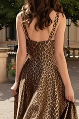 Brown Leopard A-Line Thick Straps Maxi Prom Dress