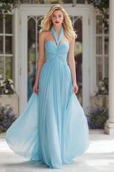 Sky Blue Halter A-Line Ruched Maxi Prom Dress